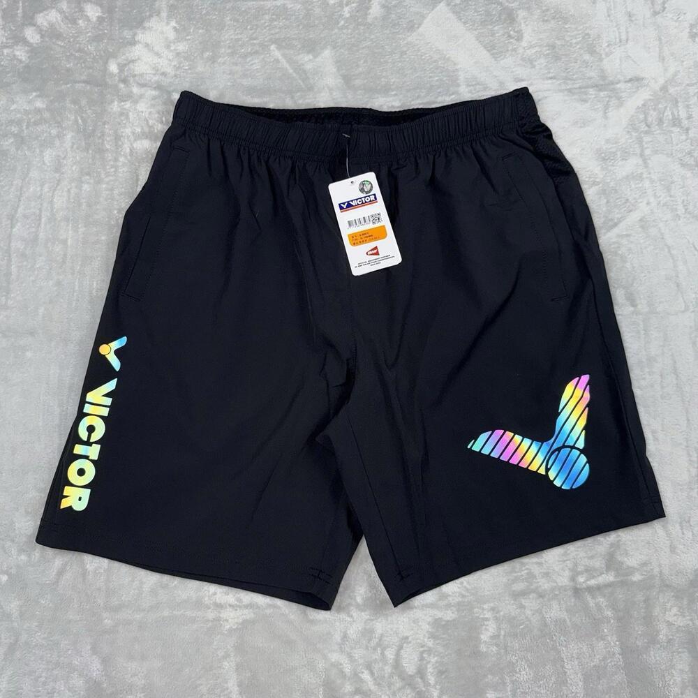 NWT Victor Black Badminton Shorts Asian XL US L Holographic Logo Performance Gym